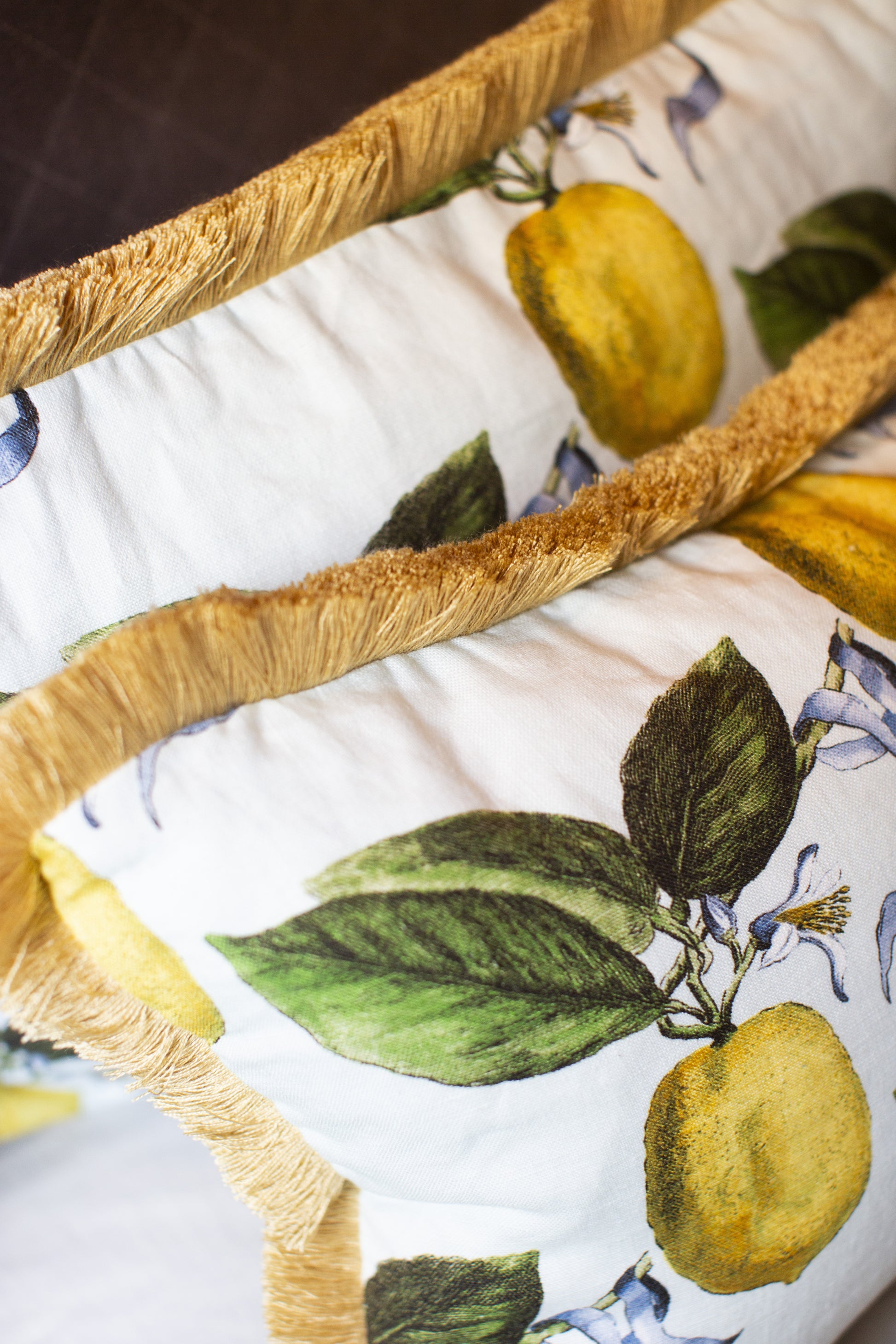 Ce coussin s’impose comme une pièce de caractère au sein de la collection Caroline Andreoni La Maison. Son imprimé citrus, à la fois lumineux et vitaminé, évoque la douceur d’un jardin méditerranéen et insuffle instantanément énergie et vitalité à votre intérieur. Le passepoil doré, discret mais élégant, souligne les contours du coussin avec finesse et capte la lumière pour un effet subtilement précieux.