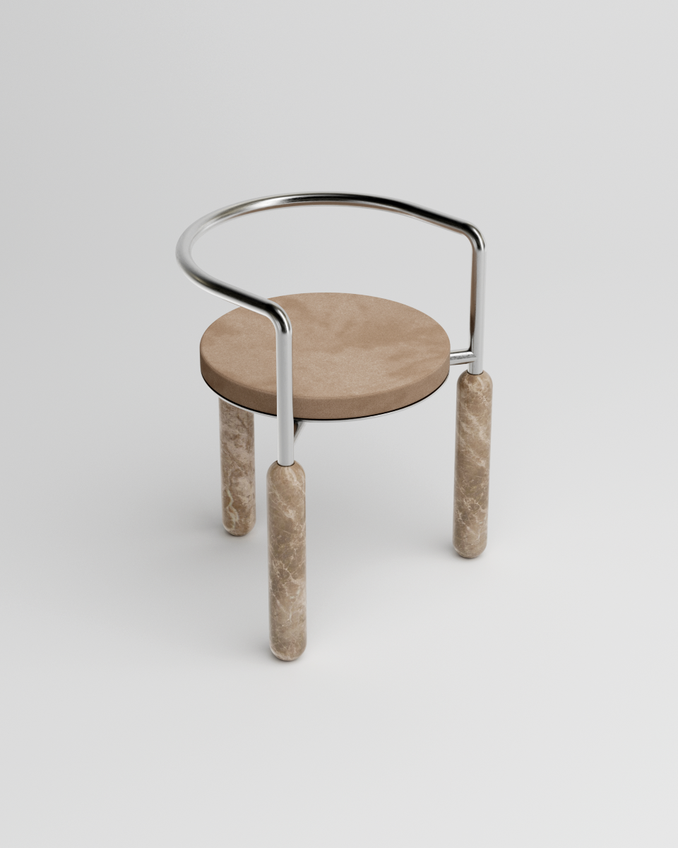 Malmousque évoque les petites criques toutes en rondeur éclairées par le soleil à l'orée du matin. Des bains où la roche, les ondes graphiques méditerranéennes et les reflets du soleil se rencontrent.  Mickaël dessine cette chaise comme une ode aux instants suspendus à Malmousque.