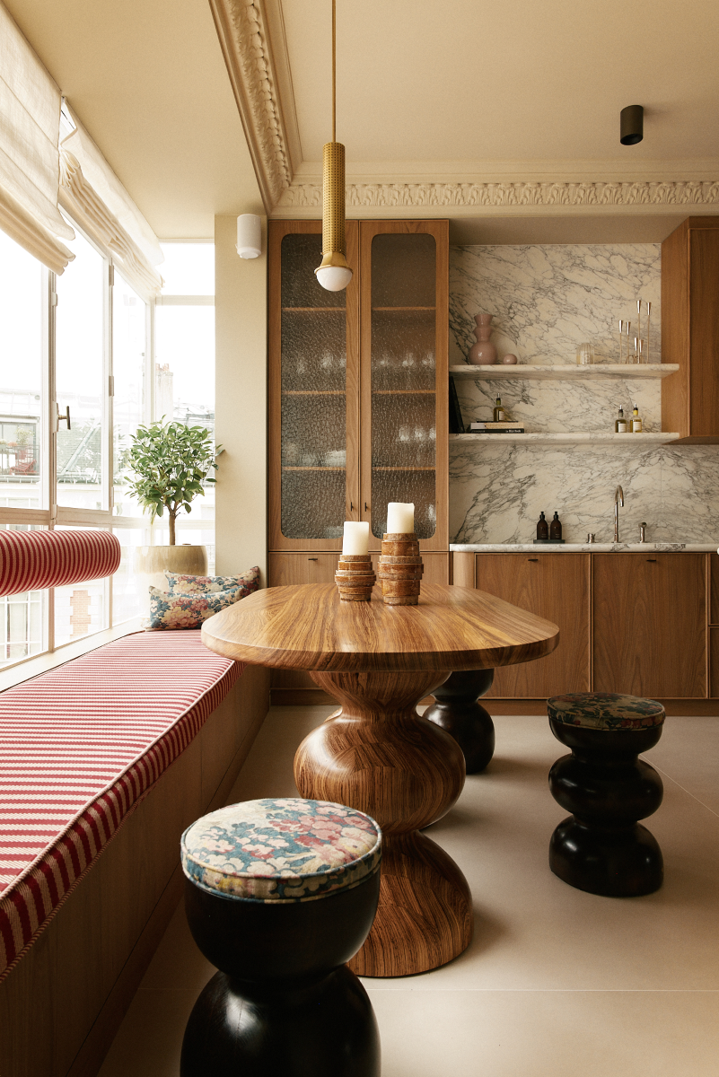 L'alliance de la forme ronde et symétrique, mêlée au motif extrêmement naturel et aléatoire du bois rend chaque création de Romie Objetti unique. Sa finition à la cire d'abeille apporte un rendu satiné et soyeux qui permet de préserver l'aspect naturel et authentique du bois, tout en le sublimant.

Proposée en exclusivité par Caroline Andréoni La Maison, la table à dîner Baya est composée de deux grands pieds singuliers reprenant les formes faisant vibrer les objettis de Alice Damiens.